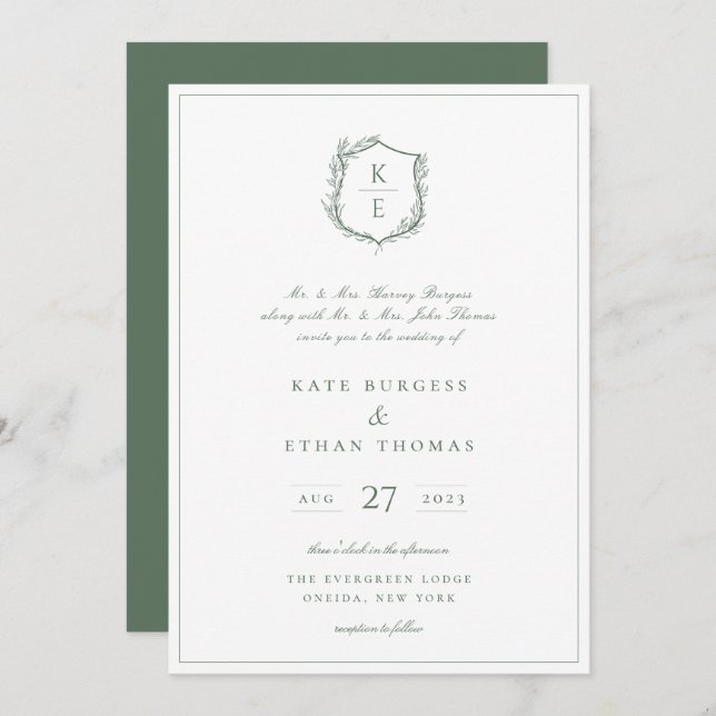 Invitation Cimier botanique Monogramme Sage Mariage vert (Devant / Derrière)