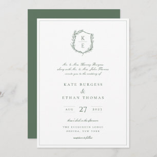 Invitation Cimier botanique Monogramme Sage Mariage vert
