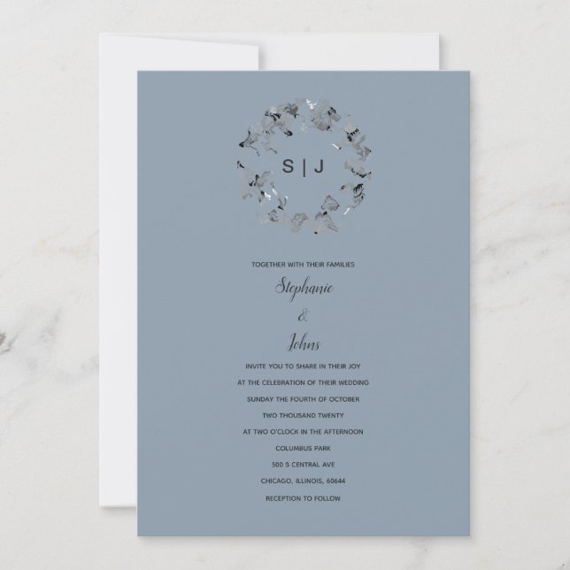 Invitation Cimier de feuille Monogramme Dusty Mariage gris bl (Devant)