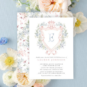 Invitation Cimier de la Couronne Monogramme Baby shower bleu