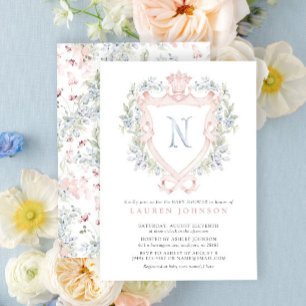 Invitation Cimier de la Couronne Monogramme Baby shower bleu