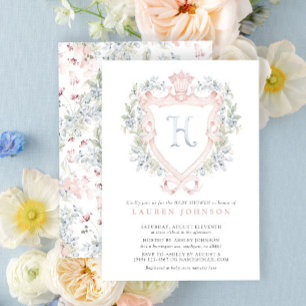 Invitation Cimier de la Couronne Monogramme Baby shower bleu