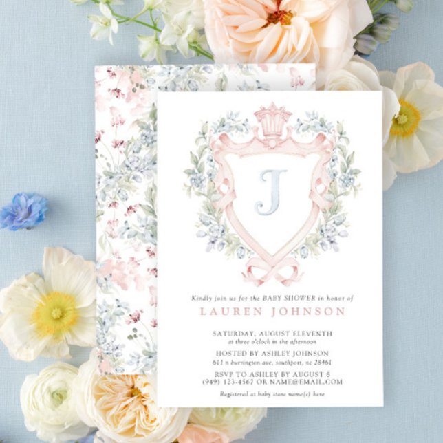 Invitation Cimier de la Couronne Monogramme Baby shower bleu  (Easily personalize this crest baby shower invitation for a grand, beautiful baby shower!)