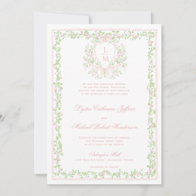 Invitation Cimier Doux avec Bow rose pâle | Mariage monogramm (Devant)