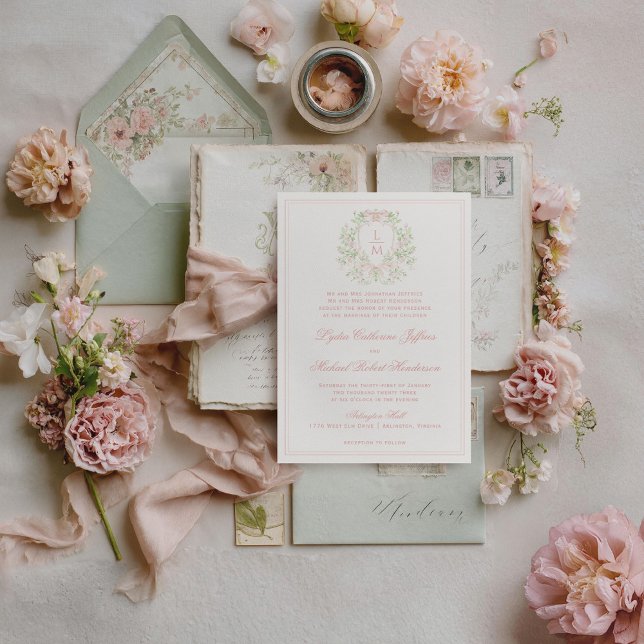 Invitation Cimier élégant avec nœud rose blush | Mariage mono (Green envelope and other items not included.)