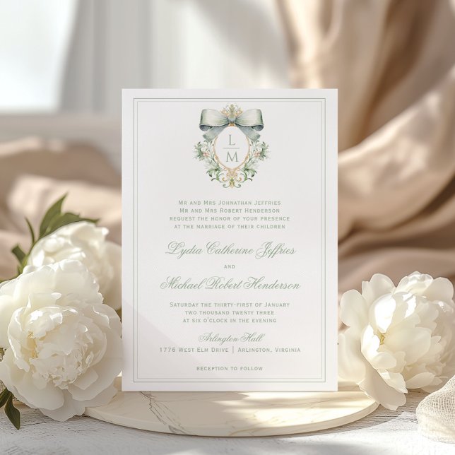 Invitation Cimier Élégant avec Ruban Vert Sauge | Mariage Mon (Créateur téléchargé)