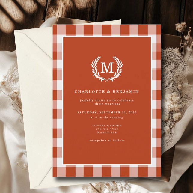Invitation Cimier En vichy Monogramme rouge-orange (Red-Orange Gingham Monogram Crest Invitation. Print & Instant Download.)
