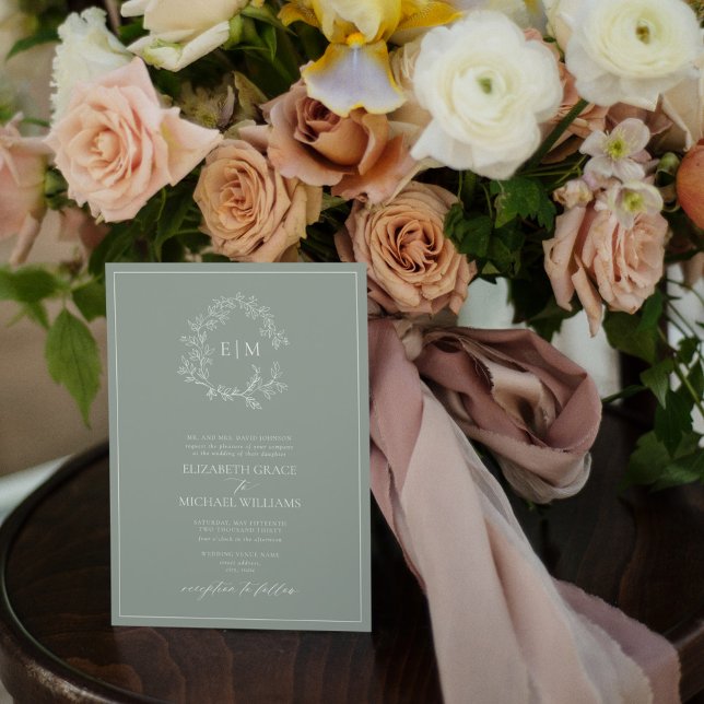 Invitation Cimier feuillus vert Sage officiel Monogramme Mari (Créateur téléchargé)