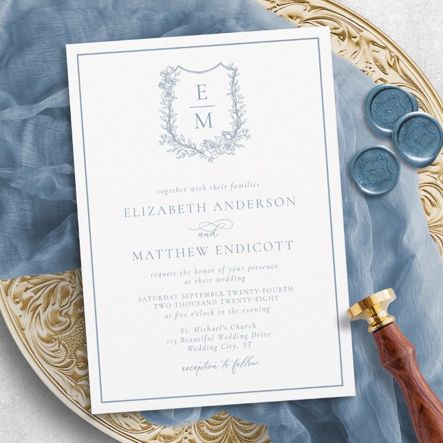 Invitation Cimier Floral Formel Monogram Dusty Blue Mariage (Créateur téléchargé)
