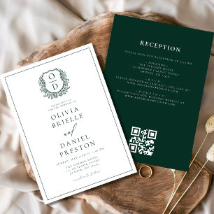 Invitation Cimier floral vert foncé Monogramme Mariage QR Cod