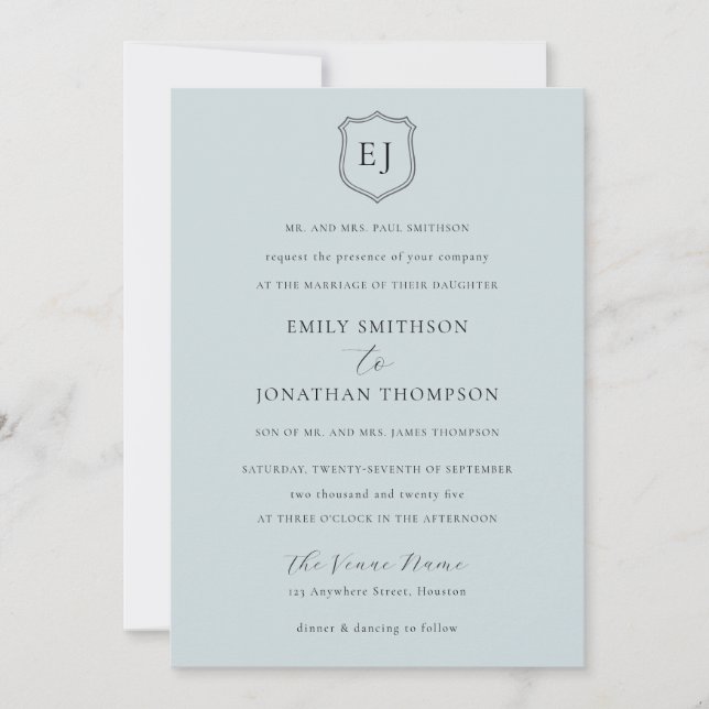 Invitation Cimier Monogramme Initiales Bleu Dusty Mariage for (Devant)