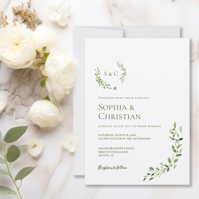 Invitation Cimier Vert Aquarelle Wreath Monogramme Mariage (Simple Monogram wedding crest wreath leaf green and white invitaiton.)