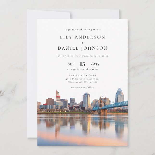 Invitation Cincinnati Skyline Watercolor Photo Wedding (Devant)