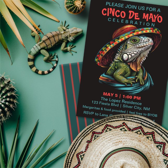 Invitation Cinco de Mayo Iguana portant Sombrero & Serape (Créateur téléchargé)