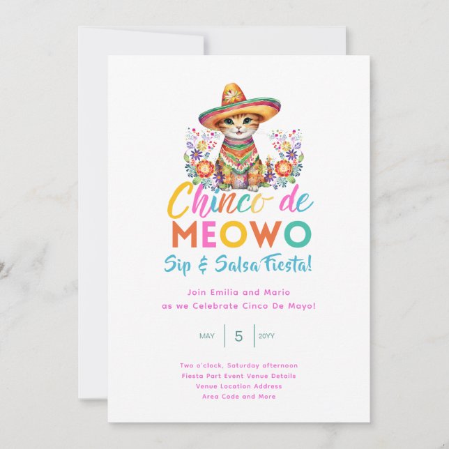 Invitation Cinco De Mayo Sip and Salsa Funny Cat FIESTA (Devant)