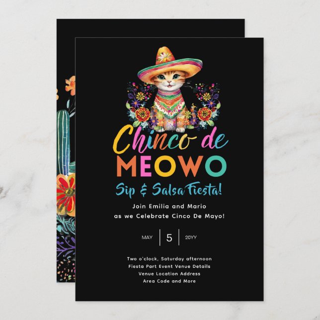 Invitation Cinco De Meowo Fun Chat Fête Heure (Devant / Derrière)