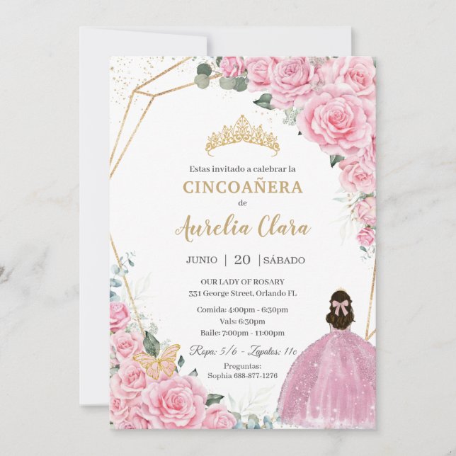 Invitation Cincoañera Rose Roses Floral Gold Princess Crown (Devant)