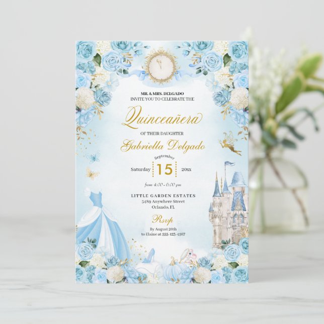 Invitation Cinderella Blue Fairytale Princess Quinceanera (Debout devant)