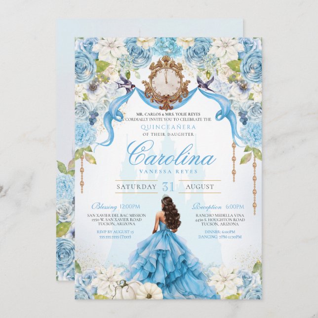 Invitation Cinderella Blue Gold Luxe Princesse Quinceanera (Devant / Derrière)