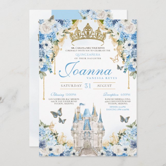 Invitation Cinderella Blue Gold Princess Castle Quinceanera (Devant / Derrière)