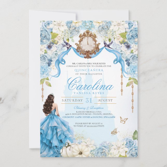 Invitation Cinderella Blue & Gold Princess Quinceanera de lux (Devant)