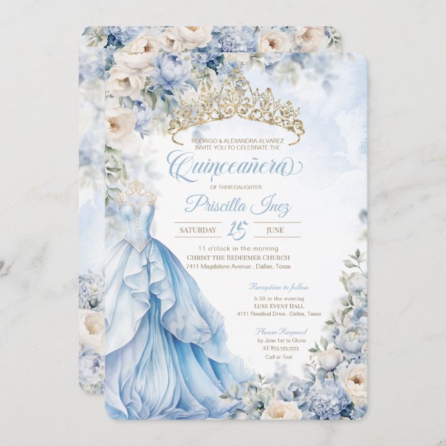 Invitation Cinderella Blue Princess Fairytale Quinceañera (Devant / Derrière)