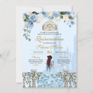 Invitation Cinderella Blue Roses & Gold Princesse Quinceanera