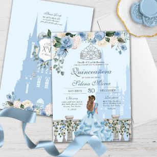 Invitation Cinderella Blue Silver Floral Princesse Quinceaner