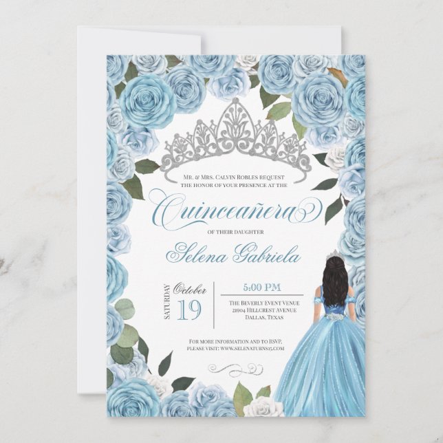 Invitation Cinderella Princess Ball Blue Roses V2 Quinceanera (Devant)