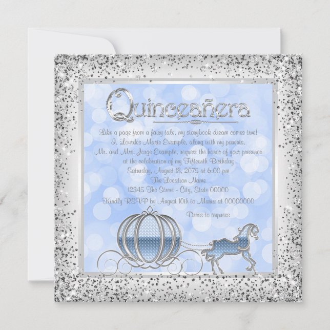 Invitation Cinderella princesse Blue Silver Quinceanera (Devant)