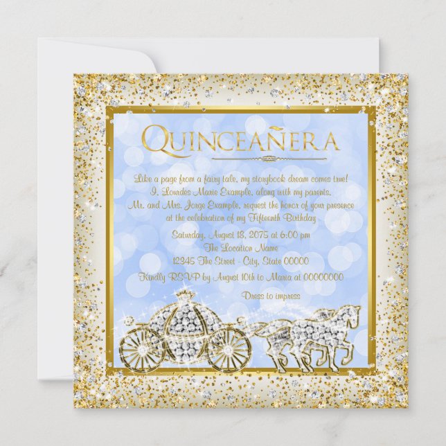 Invitation Cinderella Princesse Quinceanera Or et Bleu (Devant)
