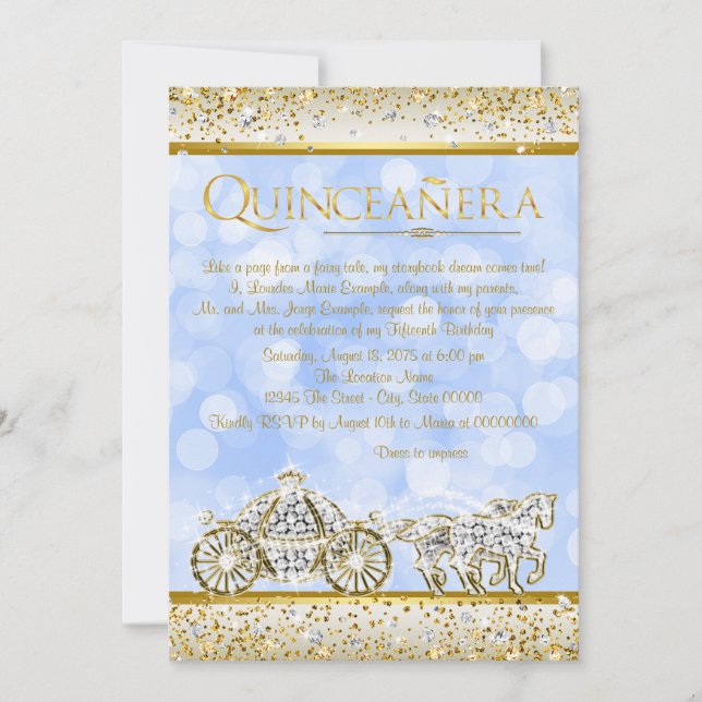 Invitation Cinderella Princesse Quinceanera Or et Bleu (Devant)