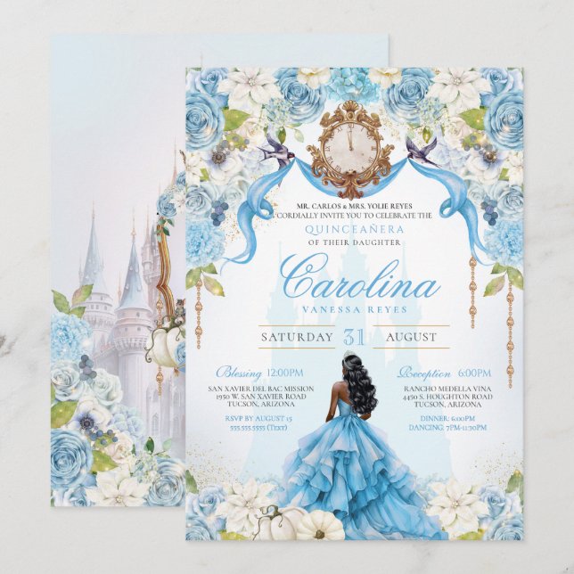 Invitation Cinderella Quinceañera Blue Gold Luxe Anniversaire (Devant / Derrière)