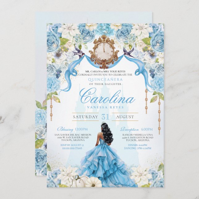 Invitation Cinderella Quinceañera Blue Gold Luxe Anniversaire (Devant / Derrière)