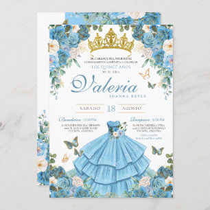 Invitation Cinderlla Blue Gold Elégante Princesse Quinceañera