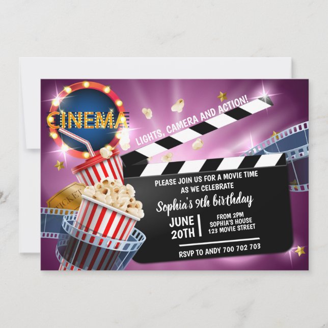 Invitation Cinema Film Time Girl Birthday Popcorn (Devant)