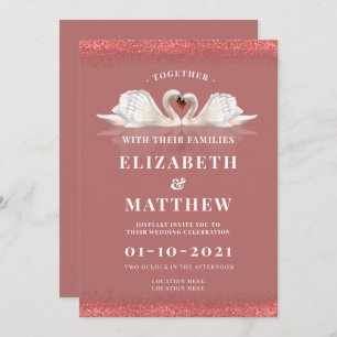 Invitation Cinnamon Rose rose couleur thème avec Mariage Swan