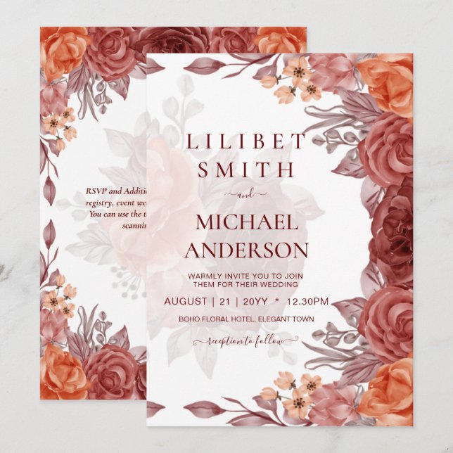 Invitation Cinnamon Terracotta TOMBE Floral MARIAGE (Devant / Derrière)