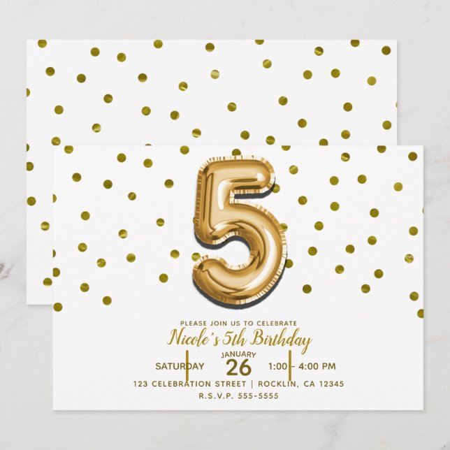 Invitation CINQ 5 5e Ballon Doré & Confettis Fête d'anniversa (Devant / Derrière)