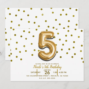 Invitation CINQ 5 5e Ballon Doré & Confettis Fête d'anniversa