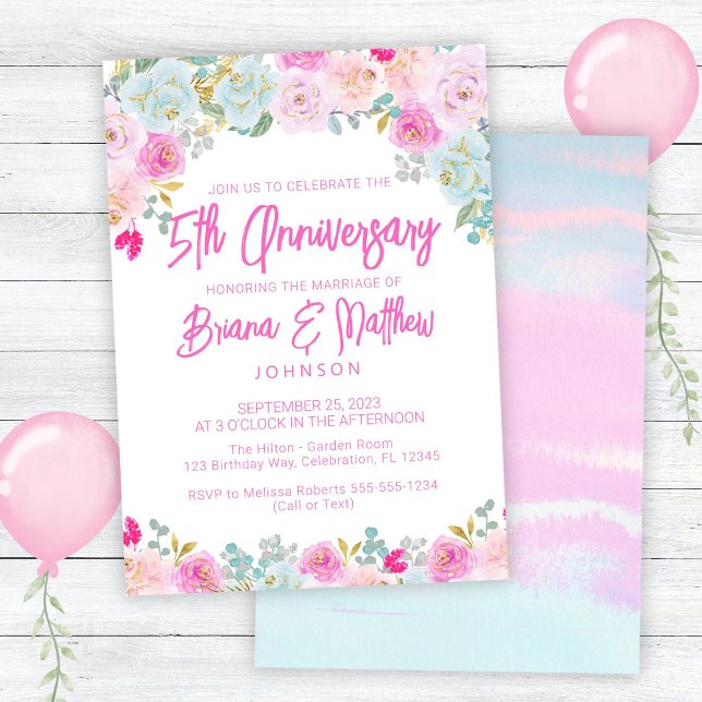 Invitation Cinq ans de mariage Fleurs rose et bleu  (Créateur téléchargé)