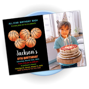 Invitation Cinq Black Orange Basketball Anniversaire Photo