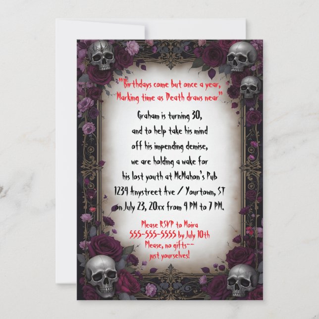 Invitation Cinq crânes et fleurs pour une fête d'anniversaire (Devant)