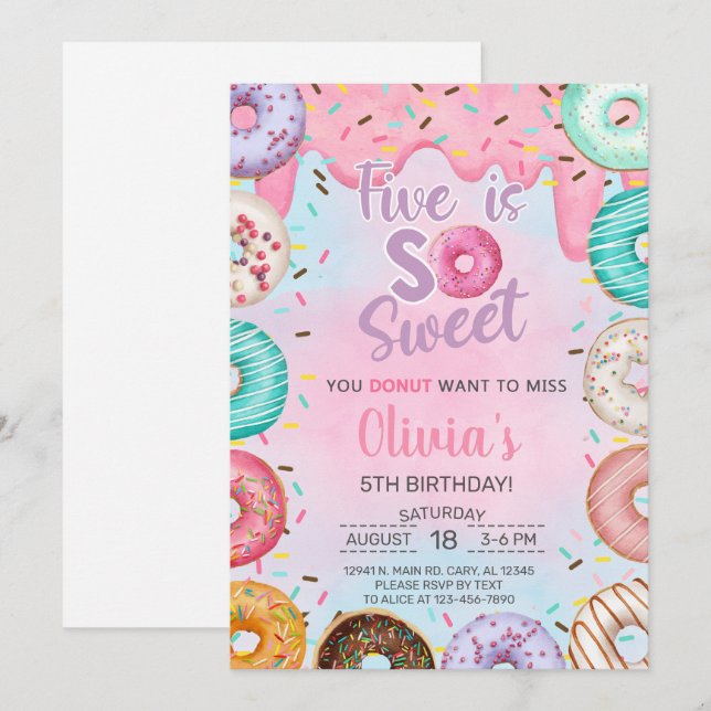Invitation Cinq est Sweet girl 5e anniversaire des beignets d (Devant / Derrière)