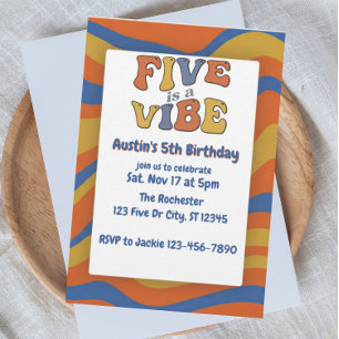 Invitation Cinq est une ambiance, bleu orange jaune 5e annive