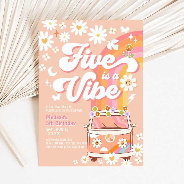Invitation Cinq est une fille dans le vent Rose pêche Groovy  (Créateur téléchargé)