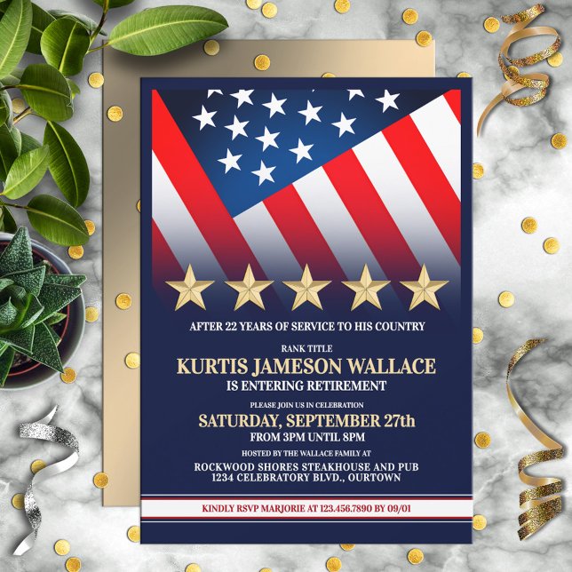 Invitation Cinq étoiles d'or Fête de retraite militaire (Créateur téléchargé)