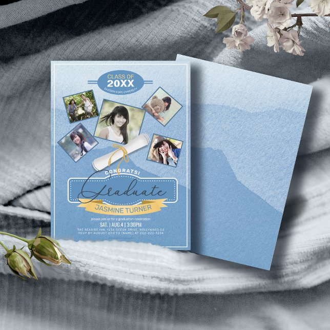 Invitation Cinq Photos sur Fond Bleu Aquarelle Diplômé ID892 (Créateur téléchargé)
