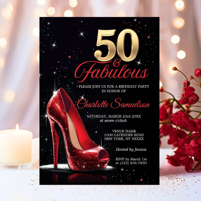 Invitation Cinquante 50 & Fabuleux BIRTHDAY Red Gold High Hee (Fifty 50 & Fabulous BIRTHDAY Red Gold High Heels Invitation)