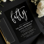 Invitation Cinquante | 50ème Blanc moderne sur Noir fête d'an<br><div class="desc">Cette invitation à la fête du 50e anniversaire, blanche et moderne, présente une typographie moderne et élégante. Le mot "cinquante" apparaît dans la calligraphie de style script. Parfait pour donner le ton élégant d'une merveilleuse fête du cinquantième anniversaire. Le jeu de couleurs de l'invitation est facile à customiser - à...</div>
